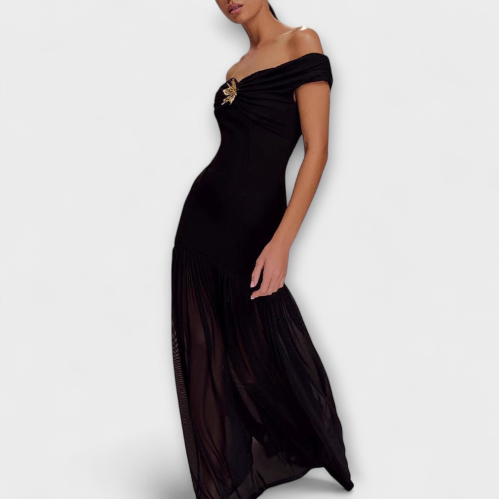 Maelie - Elegantní bezramínkové maxi šaty s květinami