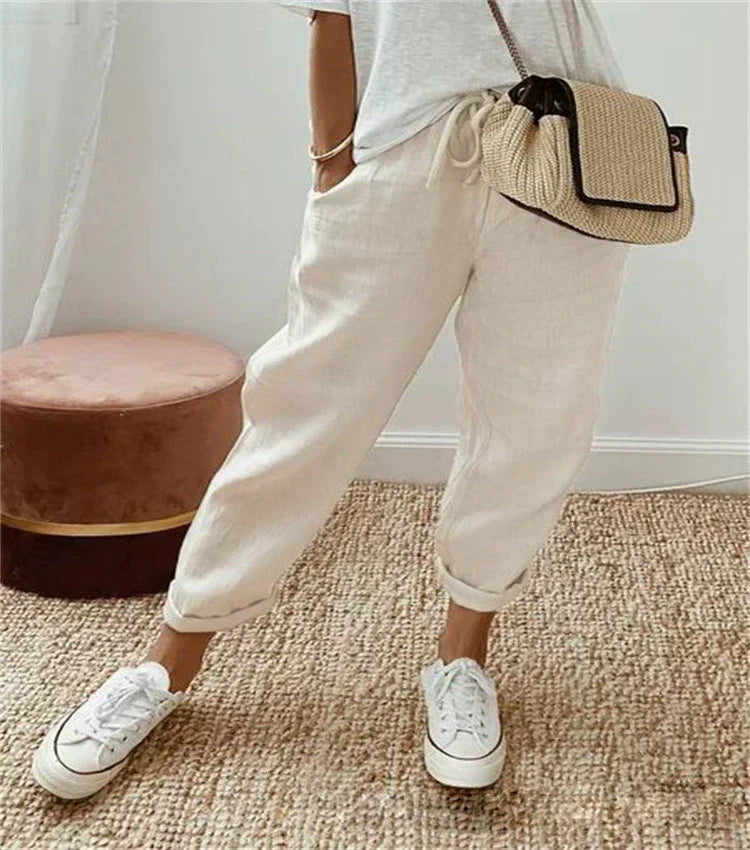Sofie – Prodyšné Lněné Kalhoty, Ležérní a Stylové (Beige)