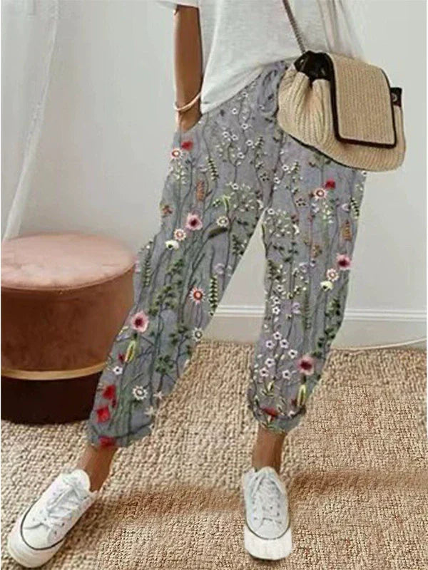 Sofie – Prodyšné Lněné Kalhoty, Casual a Stylové (Květinové)