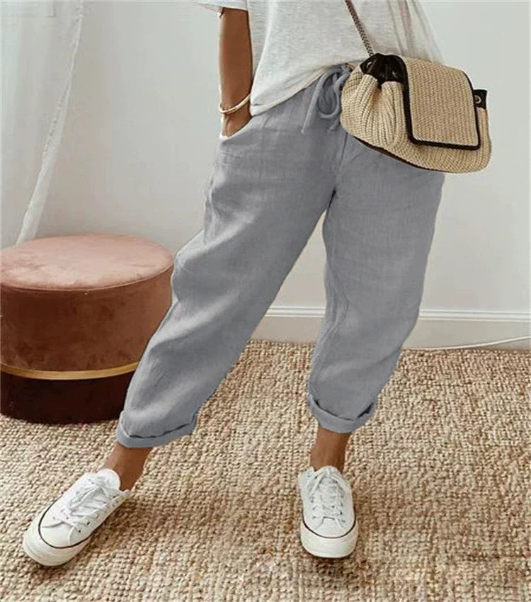 Sofie – Prodyšné Lněné Kalhoty, Casual a Stylové (Světle Šedá)
