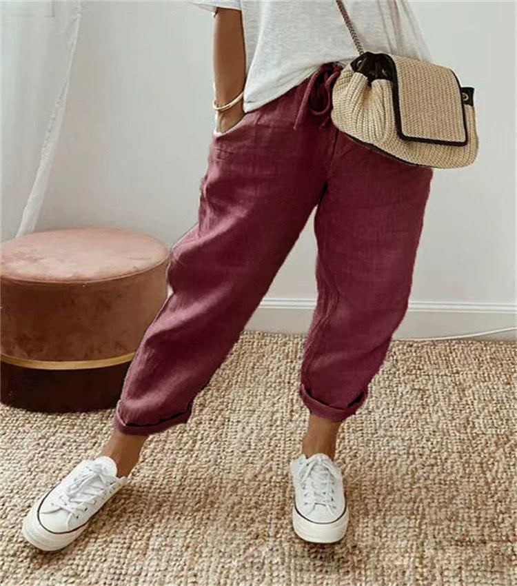 Sofie – Prodyšné Lněné Kalhoty, Casual a Stylové (Červené)