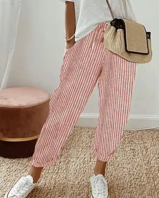 Sofie – Prodyšné Lněné Kalhoty, Casual a Stylové (Červeně pruhované)