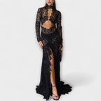Azalea - Midnight Elegance – transparentní maxi šaty s dlouhým rukávem a průstřihem