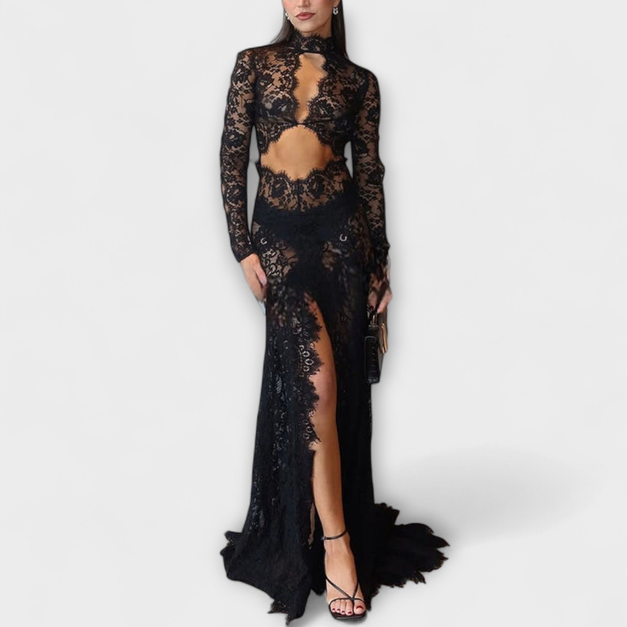 Azalea - Midnight Elegance – transparentní maxi šaty s dlouhým rukávem a průstřihem